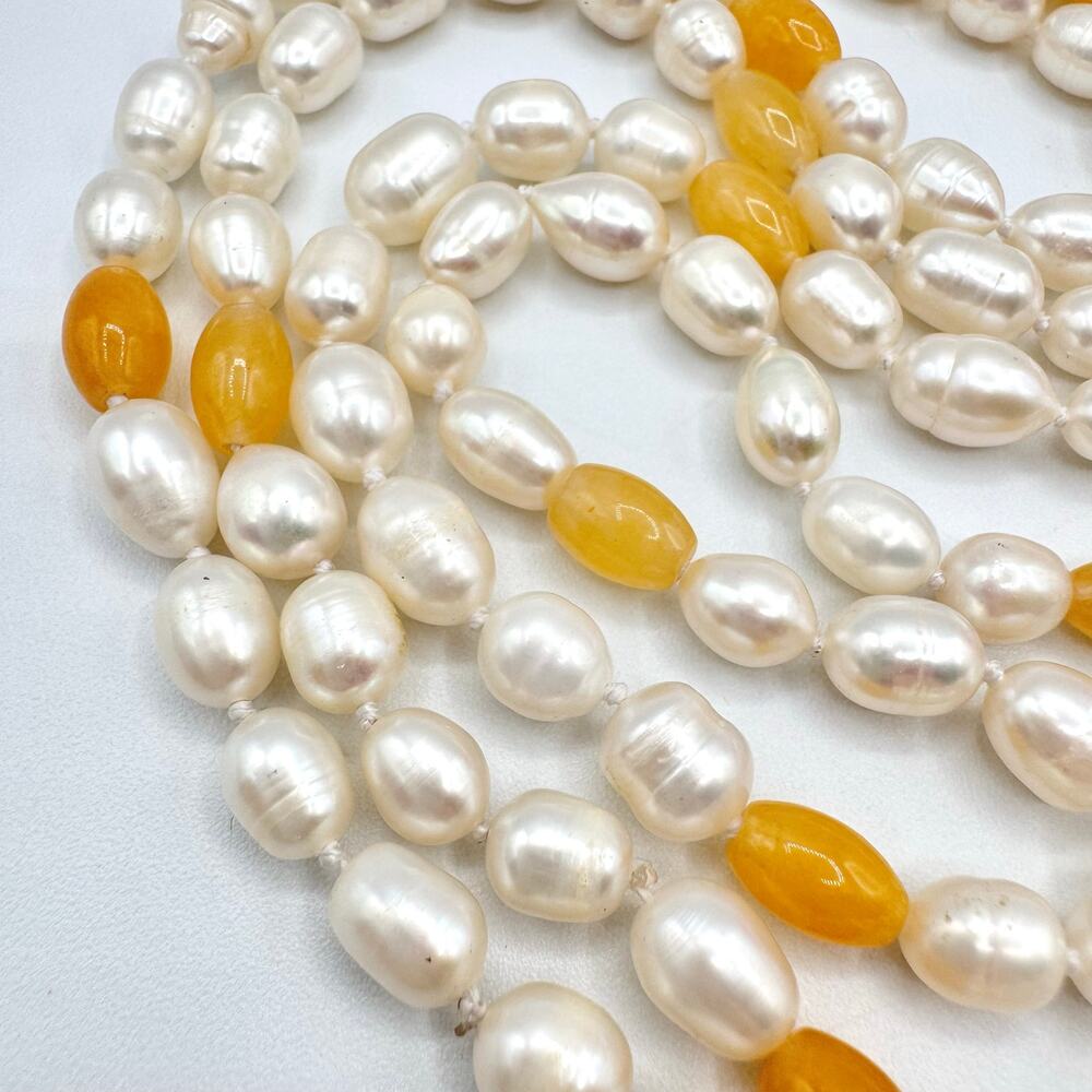 Flapper Length Cultured Pearl and Peach Gemstone Necklace Knotted Beachy Summery - Picture 7 of 16